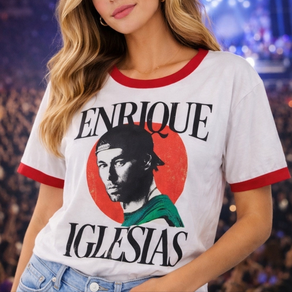 Enrique Iglesias 2023 Trilogy Tour White and Red Graphic Tee with Green Accent